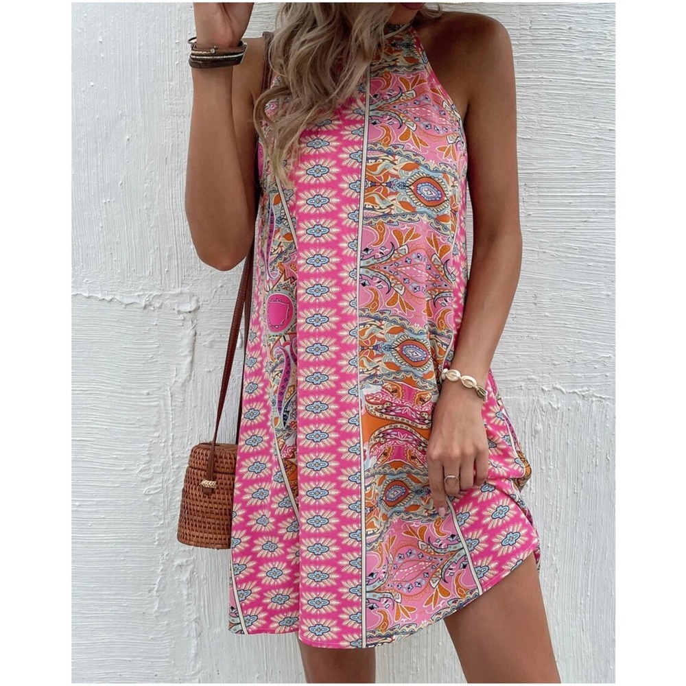 Boho Paisley Print Halter Mini Dress - Picture 2 of 7
